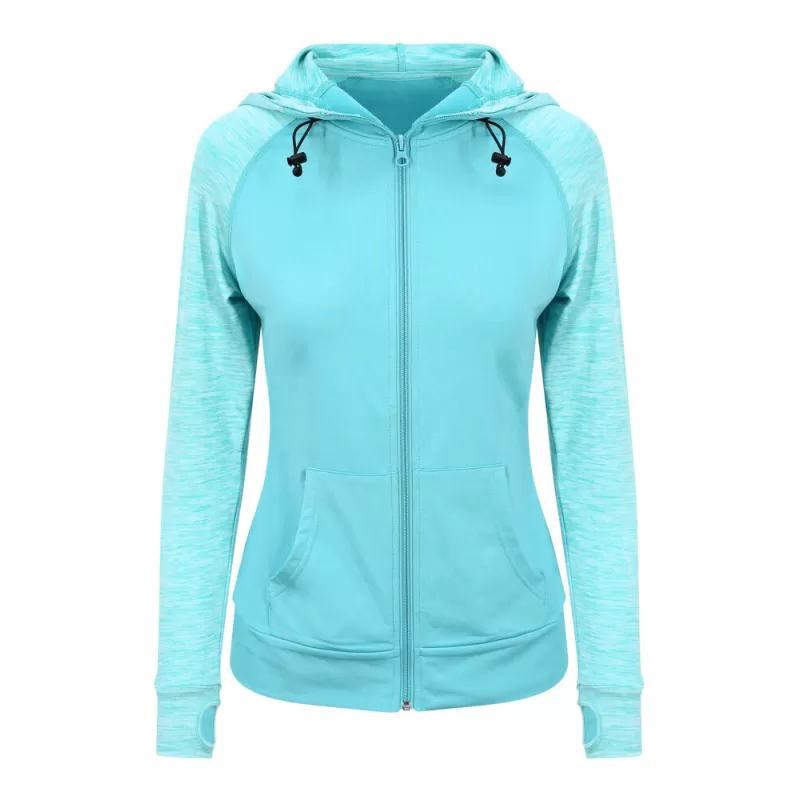 Sweat femme zippé à capuche, manches raglan et contrastées, séchage rapide, 240 g/m²
