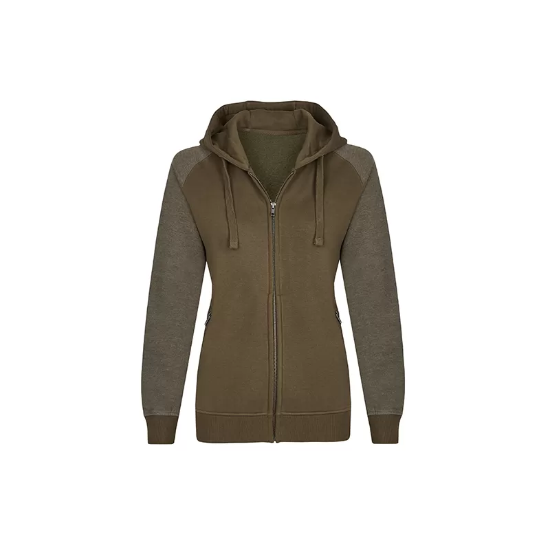 Sweat-shirt femme zippé à capuche manches raglan en coton ringspun, 300 g/m²