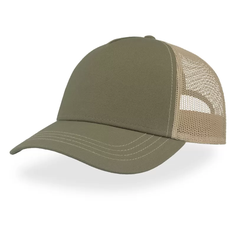 Casquette Rapper 5 panneaux en polyester recyclé, visière préformée, dos filet, 270 g/m²