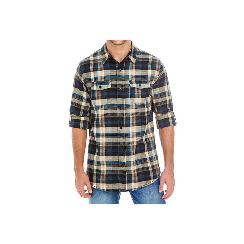 Chemise homme en flanelle à carreaux en coton, manches à retrousser, 180 g/m²