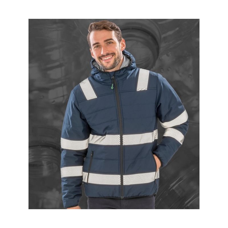 Veste à capuche haute visibilité en polyester recyclé, bandes de sécurité imprimées