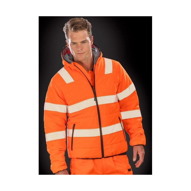Veste à capuche haute visibilité en polyester recyclé, bandes de sécurité imprimées