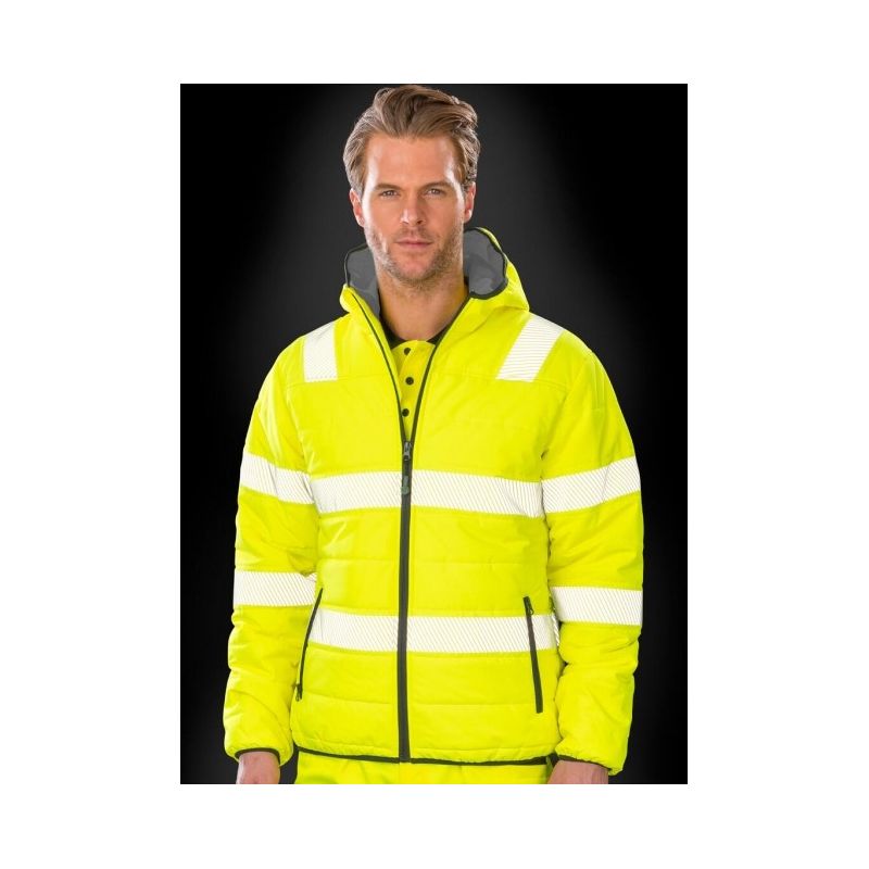 Veste à capuche haute visibilité en polyester recyclé, bandes de sécurité imprimées