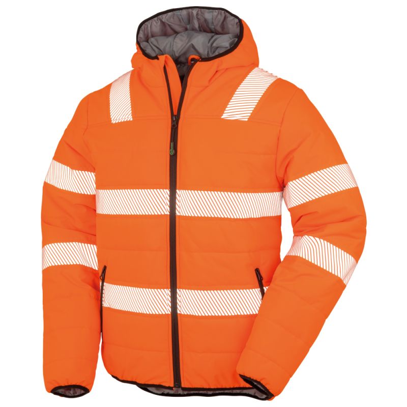 Veste à capuche haute visibilité en polyester recyclé, bandes de sécurité imprimées