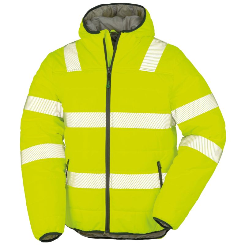 Veste à capuche haute visibilité en polyester recyclé, bandes de sécurité imprimées