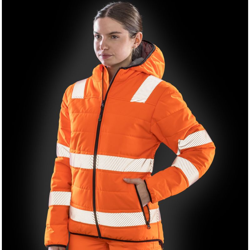Veste à capuche haute visibilité en polyester recyclé, bandes de sécurité imprimées