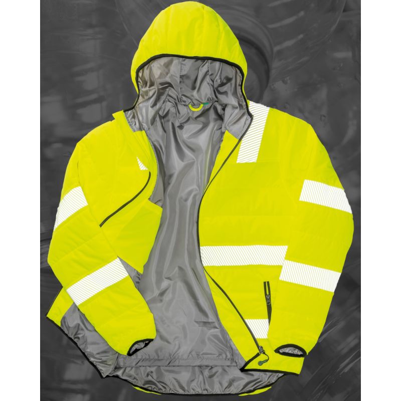 Veste à capuche haute visibilité en polyester recyclé, bandes de sécurité imprimées