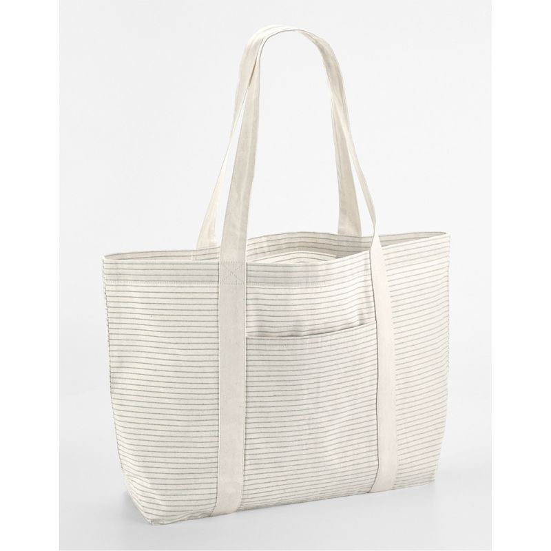 Grand sac shopping rayé fil teint, poche frontale profonde, en coton bio, 200 g/m²
