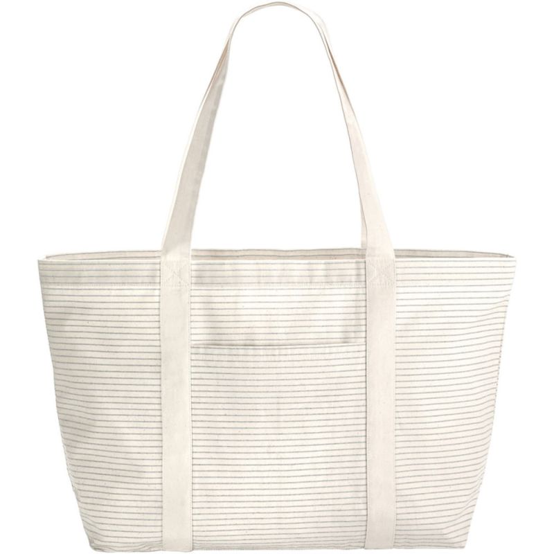 Grand sac shopping rayé fil teint, poche frontale profonde, en coton bio, 200 g/m²
