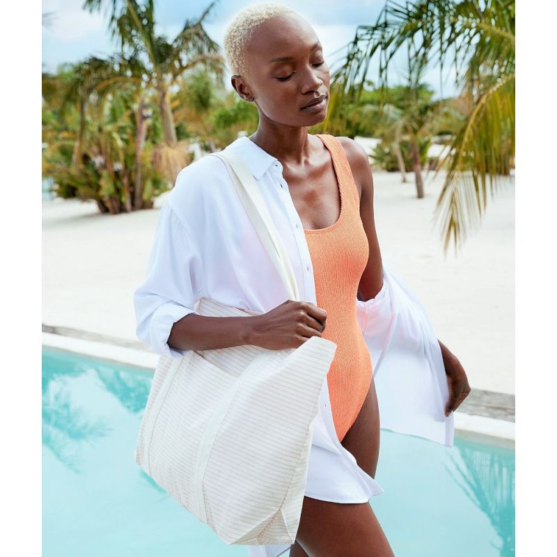 Grand sac shopping rayé fil teint, poche frontale profonde, en coton bio, 200 g/m²