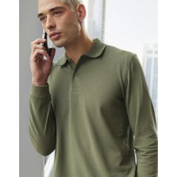 Polo manches longues maille piquée en coton, 2 boutons renforcés ton sur ton, 180 g/m²