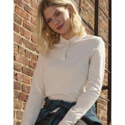 Polo femme manches longues maille piquée en coton, 2 boutons renforcés ton sur ton, 180 g/m²