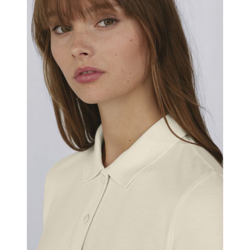 Polo femme manches longues maille piquée en coton, 2 boutons renforcés ton sur ton, 180 g/m²