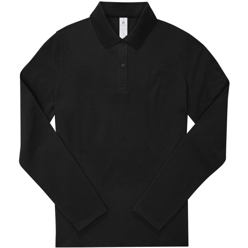 Polo femme manches longues maille piquée en coton, 2 boutons renforcés ton sur ton, 180 g/m²