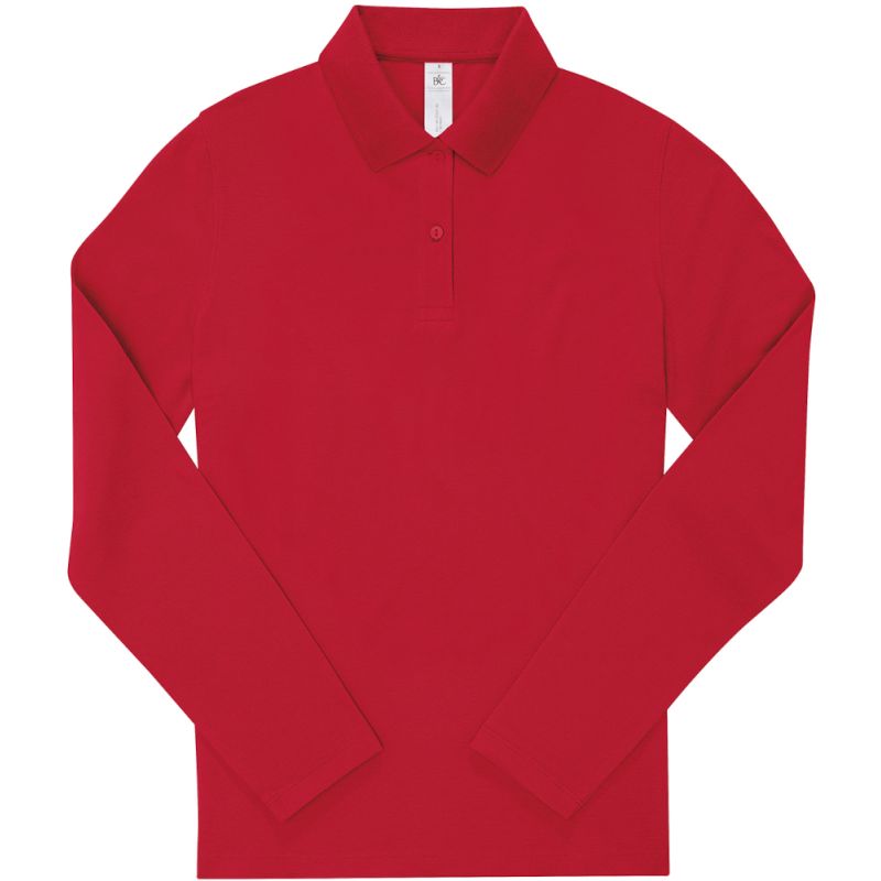 Polo femme manches longues maille piquée en coton, 2 boutons renforcés ton sur ton, 180 g/m²