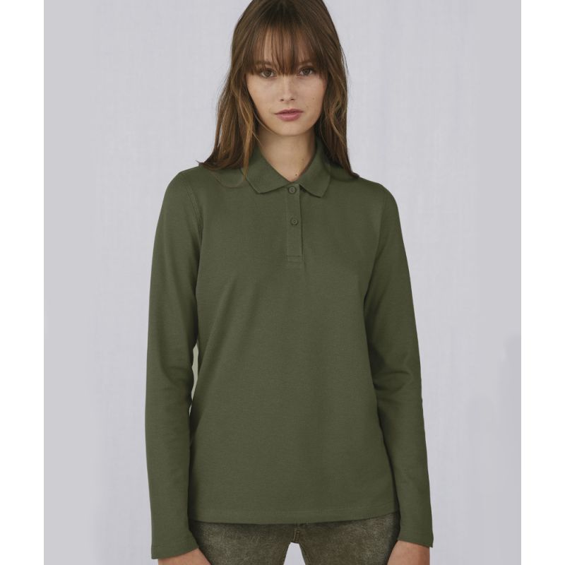Polo femme manches longues maille piquée en coton, 2 boutons renforcés ton sur ton, 180 g/m²
