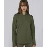 Polo femme manches longues maille piquée en coton, 2 boutons renforcés ton sur ton, 180 g/m²