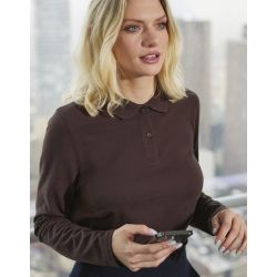 Polo femme manches longues maille piquée en coton Optimium pré-rétréci, 210 g/m²
