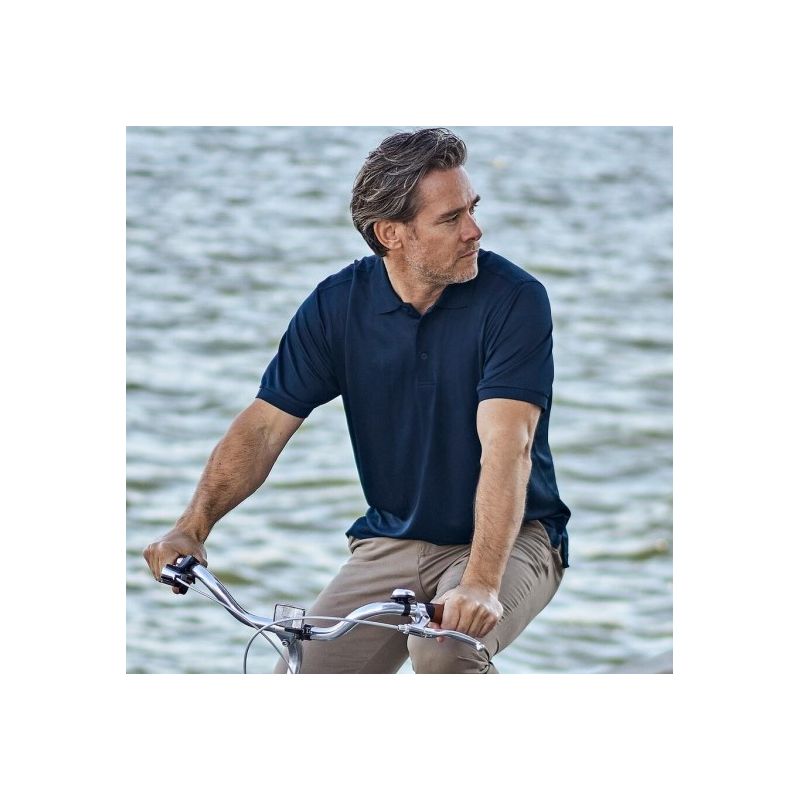 Polo homme coupe ajustée en polyester recyclé et élasthanne, col plat, 187 g/m²