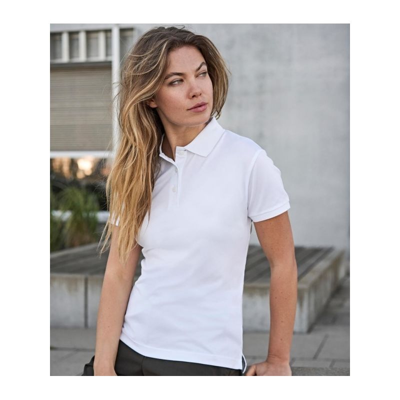 Polo femme coupe ajustée en polyester recyclé et élasthanne, col plat, 187 g/m²