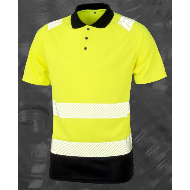 Polo haute visibilité en polyester recyclé respirant, bandes de sécurité imprimées, 155 g/m²