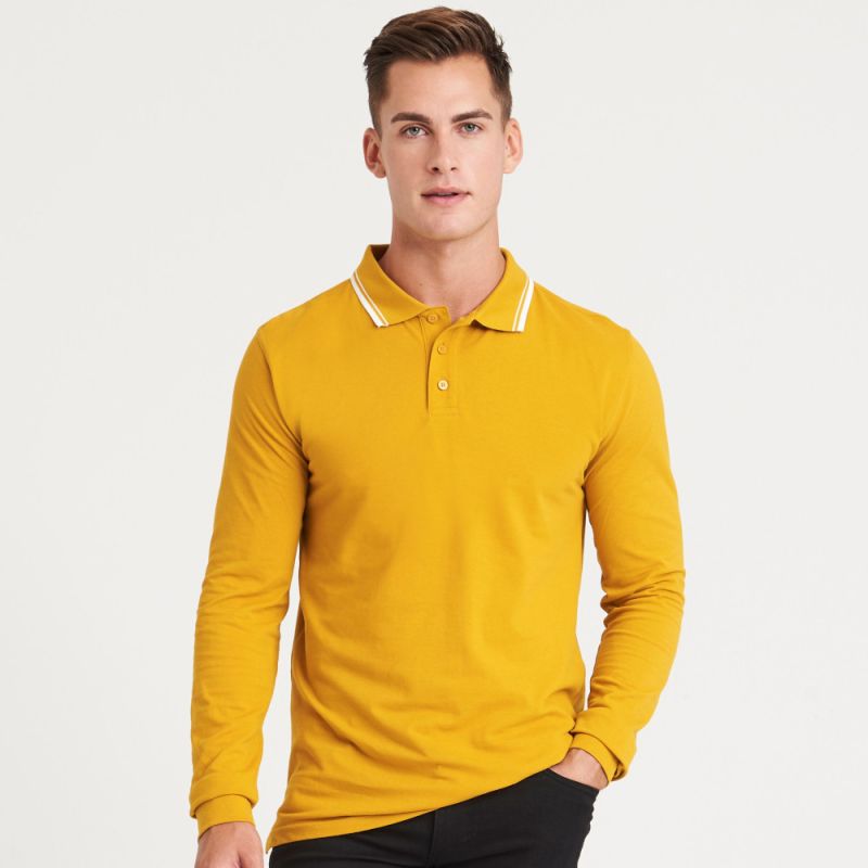 Polo bicolore stretch manches longues en coton élasthanne, détails contrastés, 200 g/m²