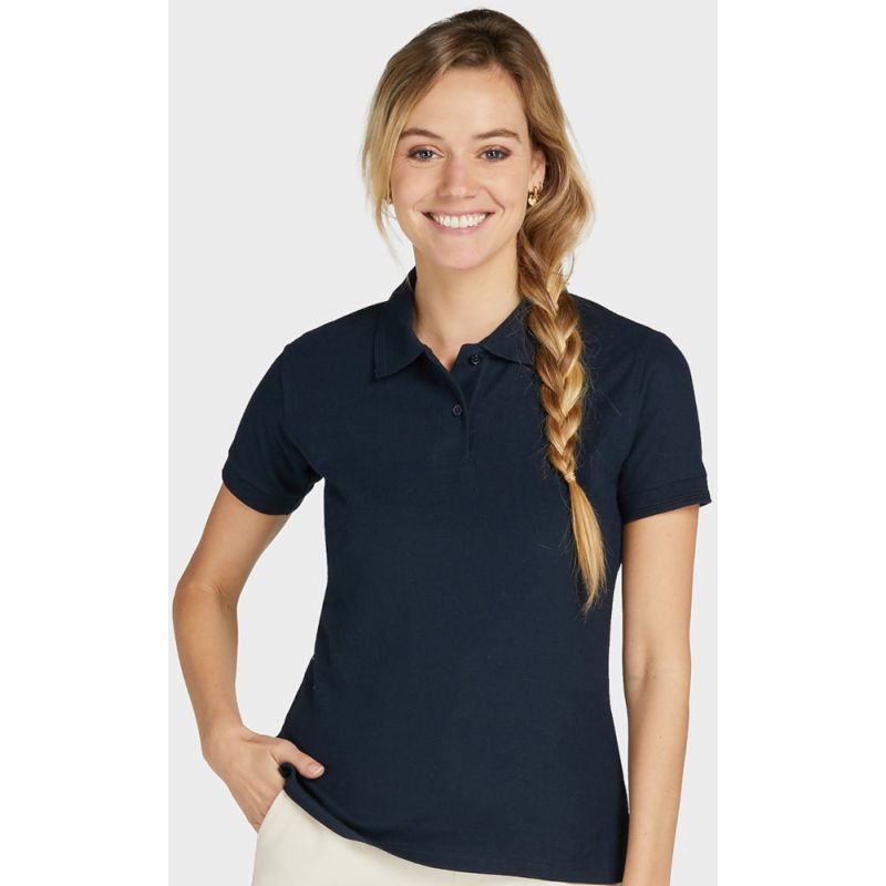 Polo femme en polyester et coton piqué, col 2 boutons unis, 215 g/m²