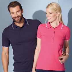 Polo femme fashion stretch en coton, col et manches à rayures, 190 g/m²