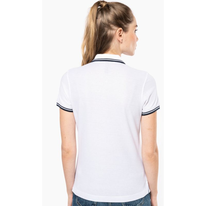 Polo femme manches courtes à liserés contrastés en coton peigné, 180 g/m²