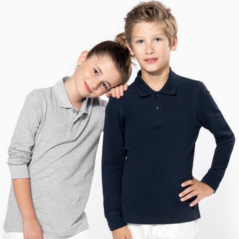 Polo enfant en coton piqué manches longues, coupe droite, 180 g/m²
