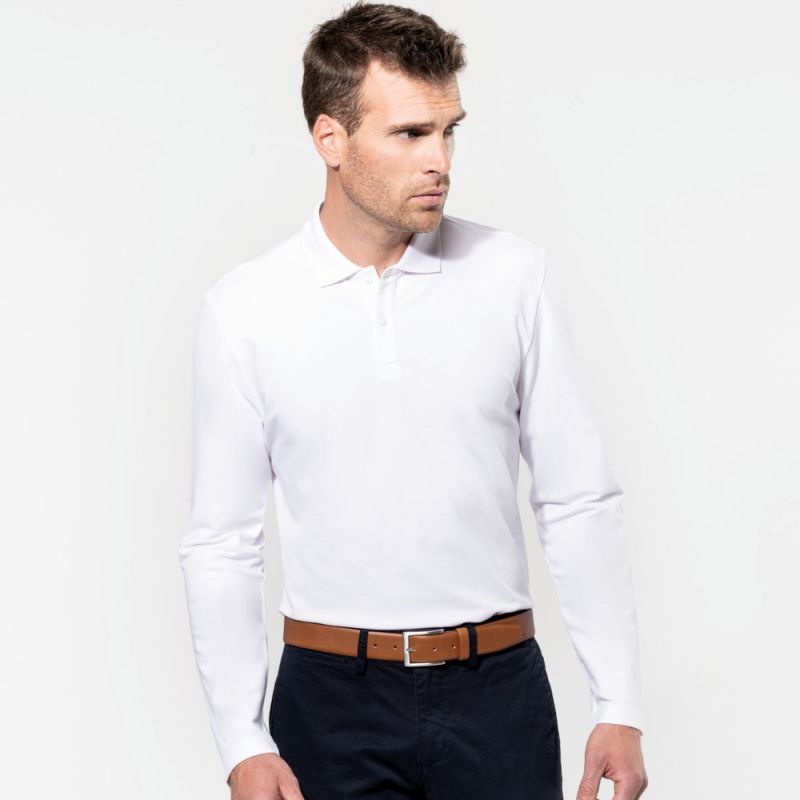 Polo homme Supima manches longues de qualité supérieure, coupe droite, 230 g/m²