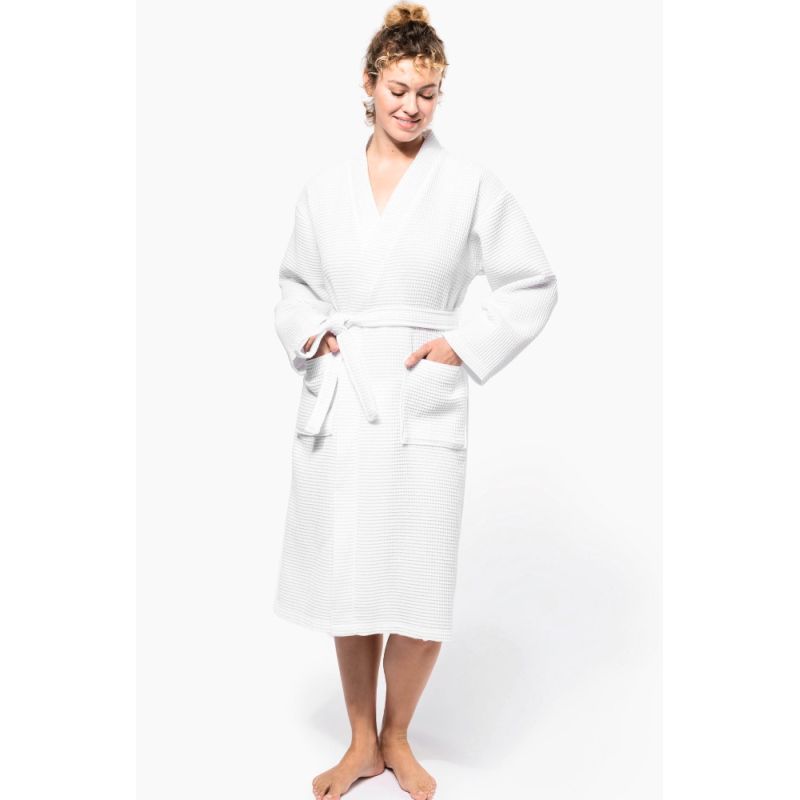 Peignoir Kimono en coton nid d'abeille avec 2 poches, 220 g/m²