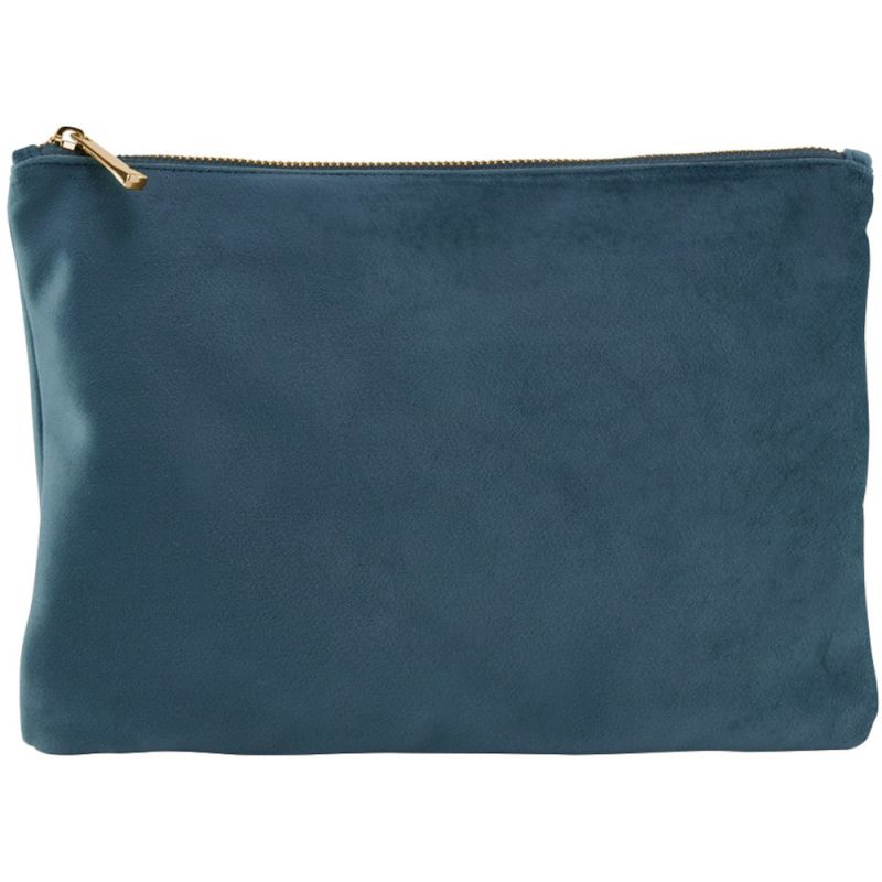 Pochette plate en velours, doublure avec accès zippé caché, zip en métal doré brillant