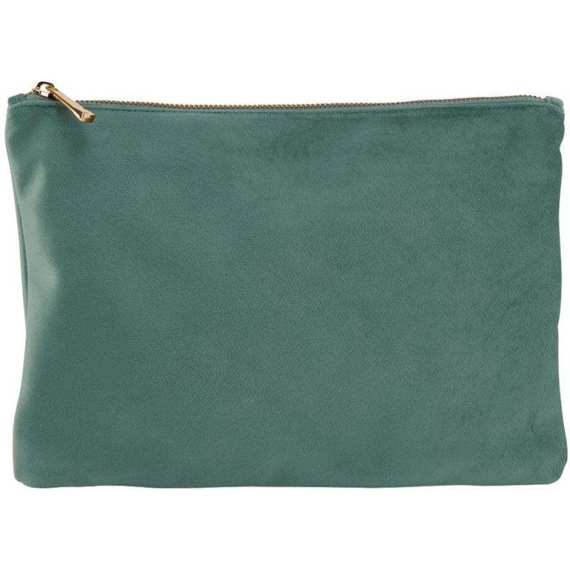 Pochette plate en velours, doublure avec accès zippé caché, zip en métal doré brillant
