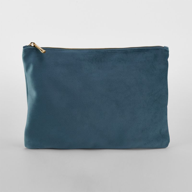 Pochette plate en velours, doublure avec accès zippé caché, zip en métal doré brillant