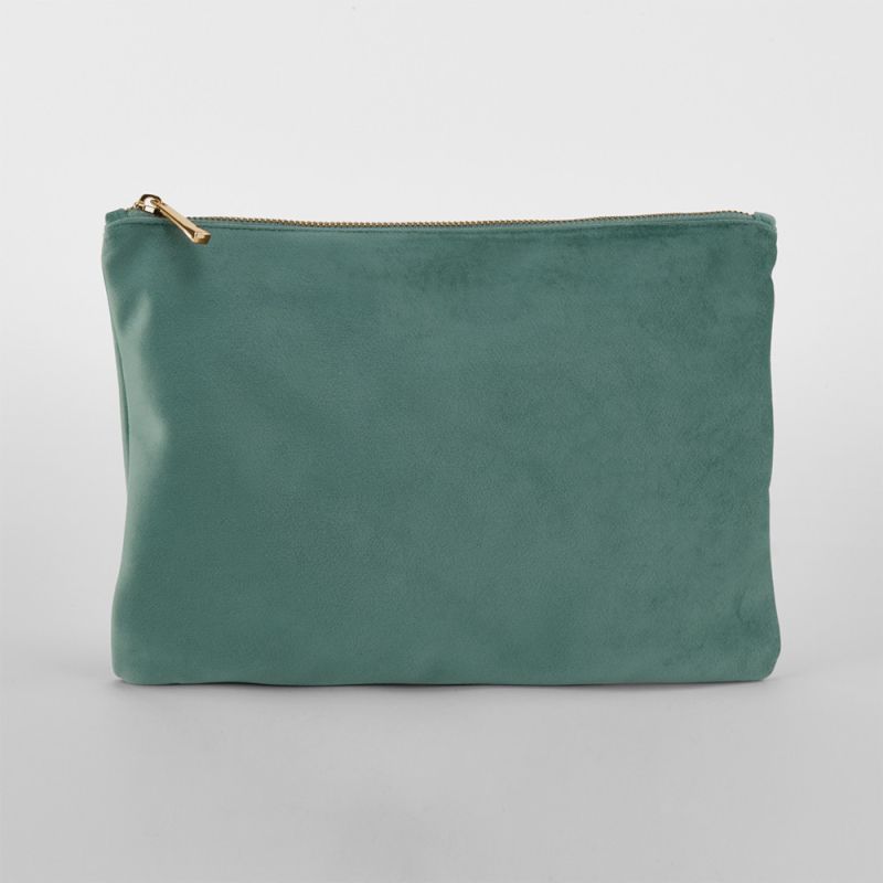 Pochette plate en velours, doublure avec accès zippé caché, zip en métal doré brillant