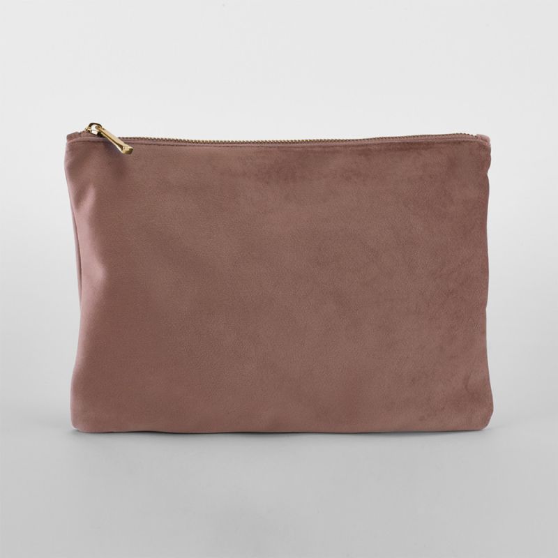 Pochette plate en velours, doublure avec accès zippé caché, zip en métal doré brillant