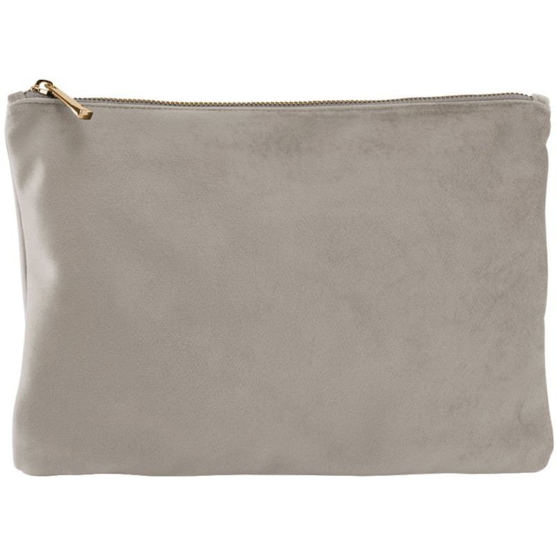 Pochette plate en velours, doublure avec accès zippé caché, zip en métal doré brillant