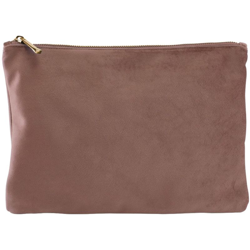 Pochette plate en velours, doublure avec accès zippé caché, zip en métal doré brillant