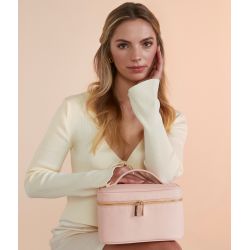 Grande trousse à accessoires en simili cuir Saffiano, fermeture zippée en métal doré brillant