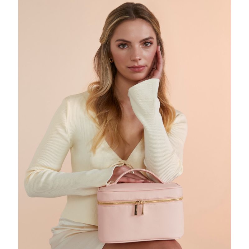 Grande trousse à accessoires en simili cuir Saffiano, fermeture zippée en métal doré brillant