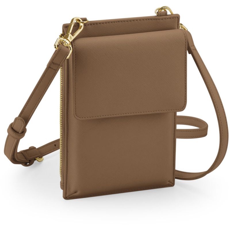 Pochette pour portable rabat avant en cuir saffiano, poche zippée pour objets de valeur