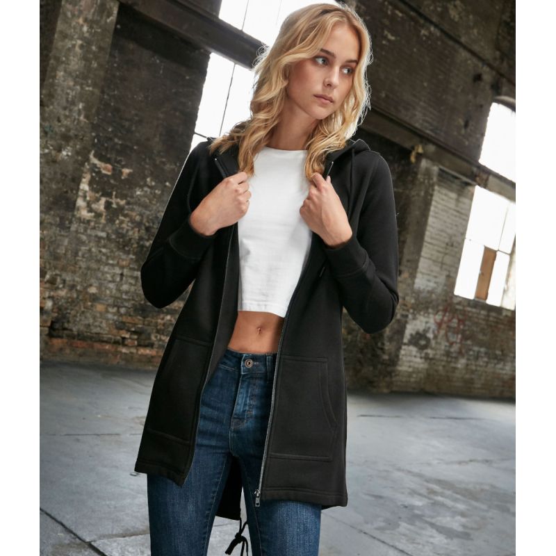 Long sweat zippé à capuche pour femme avec poches, 300 g/m²