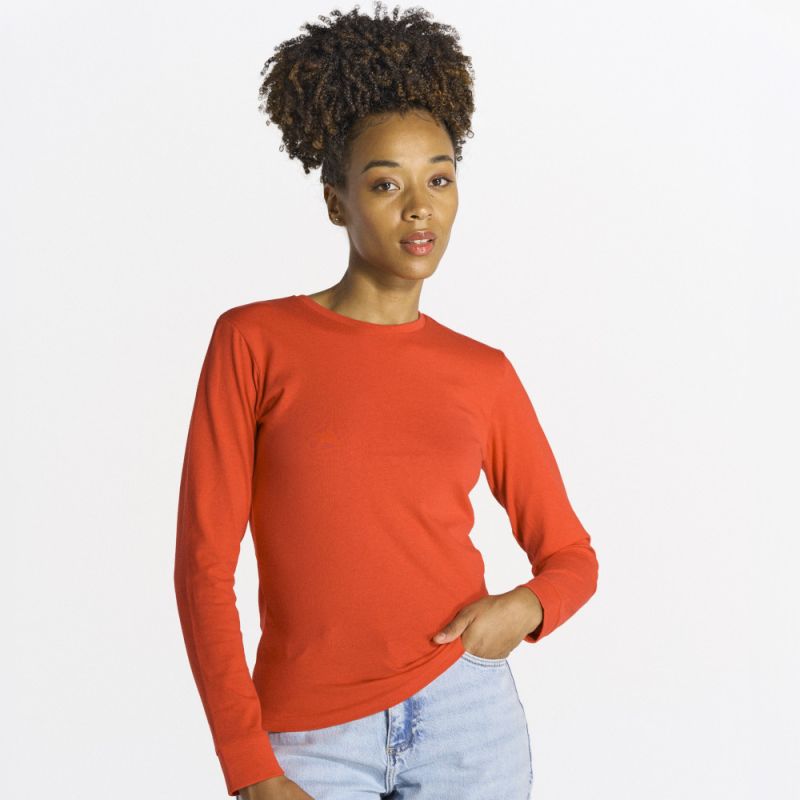 Tee-shirt femme manches longues en coton pré-rétréci, coupe droite, 170 g/m²