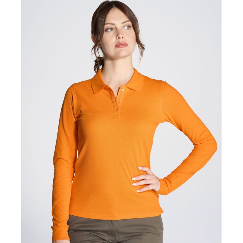 Polo manches longues femme en coton pré-rétréci, coupe cintrée, 200 g/m²
