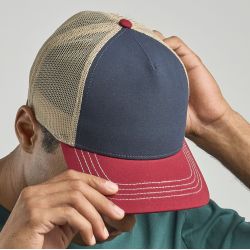 Casquette Rapper 5 panneaux en polyester recyclé, visière préformée, dos filet, 270 g/m²