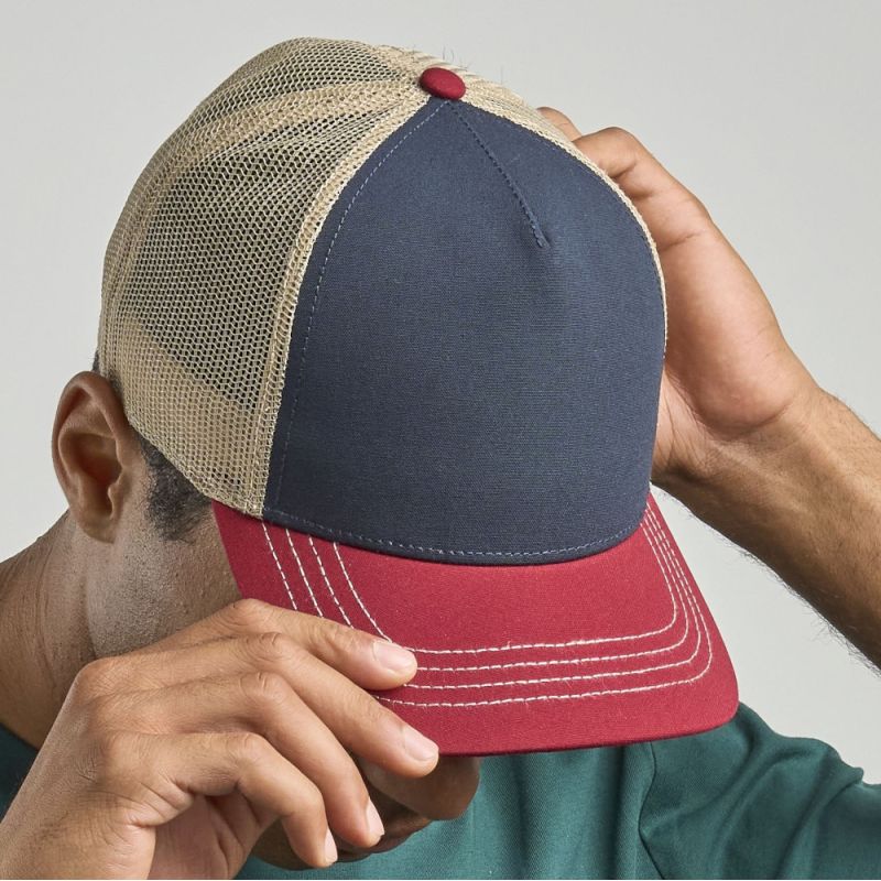 Casquette Rapper 5 panneaux en polyester recyclé, visière préformée, dos filet, 270 g/m²
