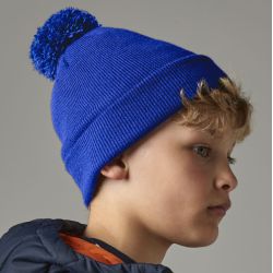 Bonnet enfant pompon uni en polyacrylique doux, tricot double épaisseur