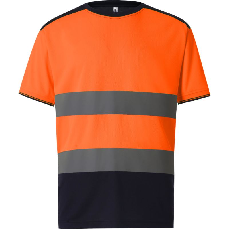 T-shirt bicolore stretch respirant séchage rapide, 2 larges bandes horizontales réfléchissantes