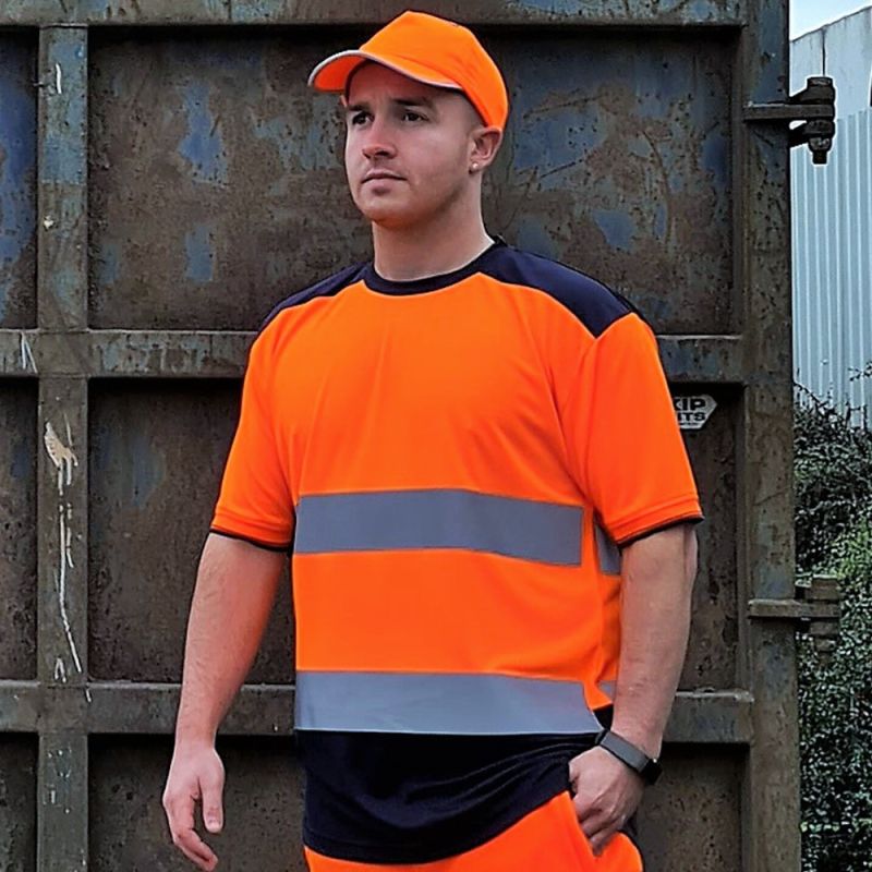 T-shirt bicolore stretch respirant séchage rapide, 2 larges bandes horizontales réfléchissantes
